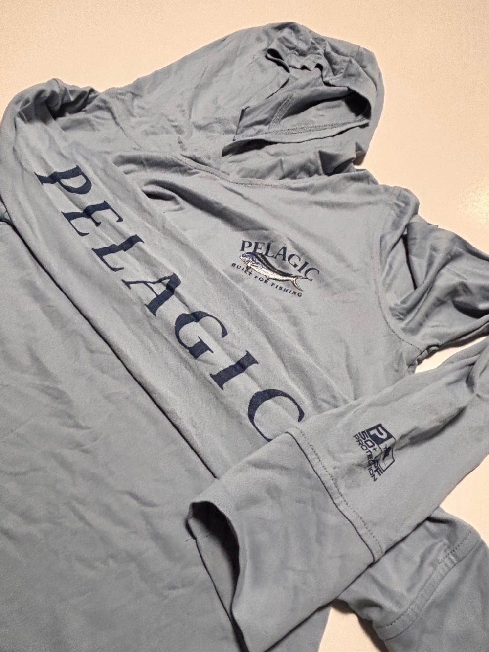 Womens Blue Pelagic Mahi Mahi Hooded SPF Shirt Size Medium